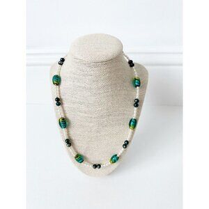 NWT Genuine Murano Glass & Pearls Necklace Green White Black Beaded